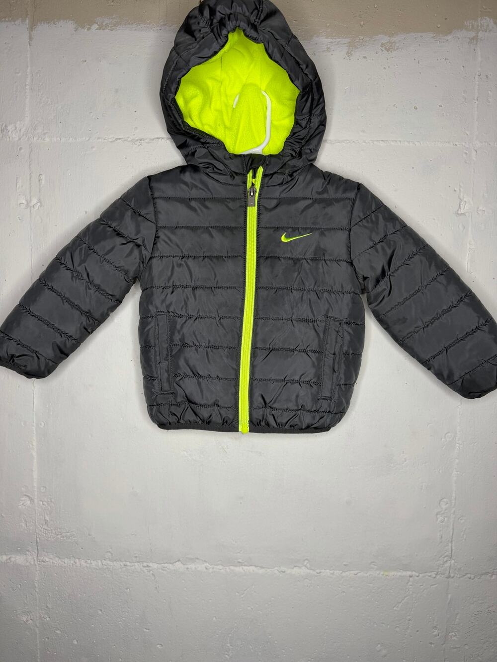 Nike 18 Month Boys Gray Hooded Puffer Jacket Neon